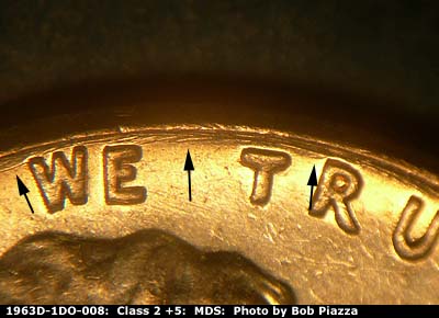 Die-stage B marker on 1963D•1DO•008 (1963 Doubled Die Obverse).