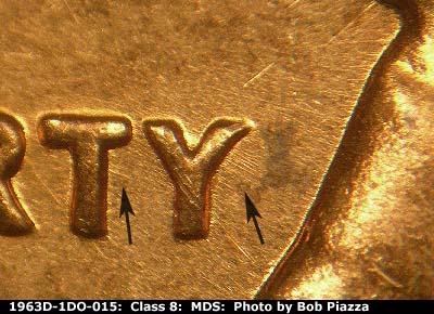 Die-stage B marker on 1963D•1DO•015 (1963 Doubled Die Obverse).