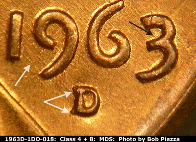 Die-stage B marker on 1963D•1DO•018 (1963 Doubled Die Obverse).