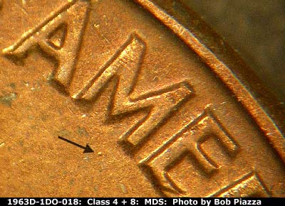 Die-stage B marker on 1963D•1DO•018 (1963 Doubled Die Obverse).