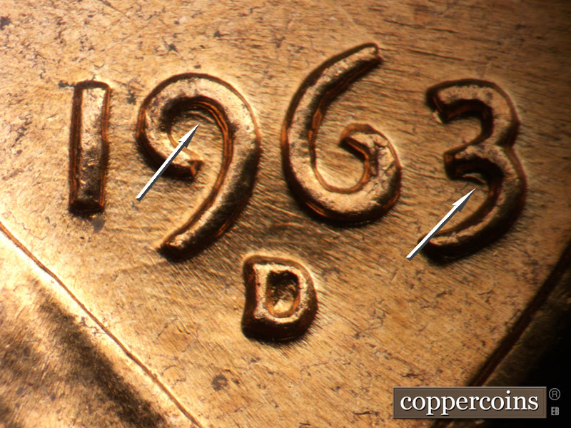 1963 Lincoln cent obverse, CopperCoins die 1963D•1DO•019.