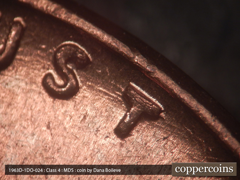 Die-stage B marker on 1963D•1DO•024 (1963 Doubled Die Obverse).