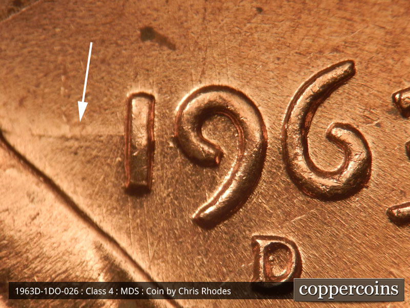 Die-stage B marker on 1963D•1DO•026 (1963 Doubled Die Obverse).