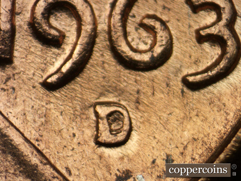Die-stage A marker on 1963D•1DO•036 (1963 Doubled Die Obverse).