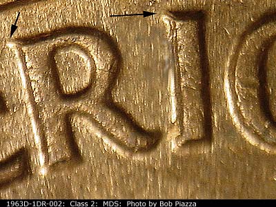 Die-stage B marker on 1963D•1DR•002 (1963 Doubled Die Reverse).