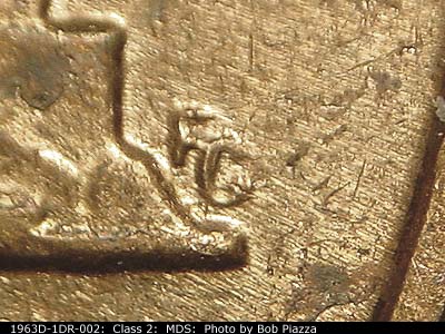 Die-stage B marker on 1963D•1DR•002 (1963 Doubled Die Reverse).