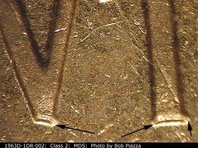 Die-stage B marker on 1963D•1DR•002 (1963 Doubled Die Reverse).