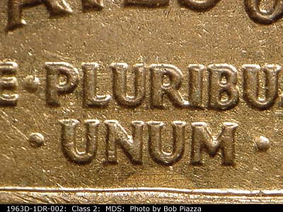 Die-stage B marker on 1963D•1DR•002 (1963 Doubled Die Reverse).