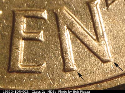 Die-stage B marker on 1963D•1DR•003 (1963 Doubled Die Reverse).