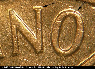 Die-stage B marker on 1963D•1DR•004 (1963 Doubled Die Reverse).