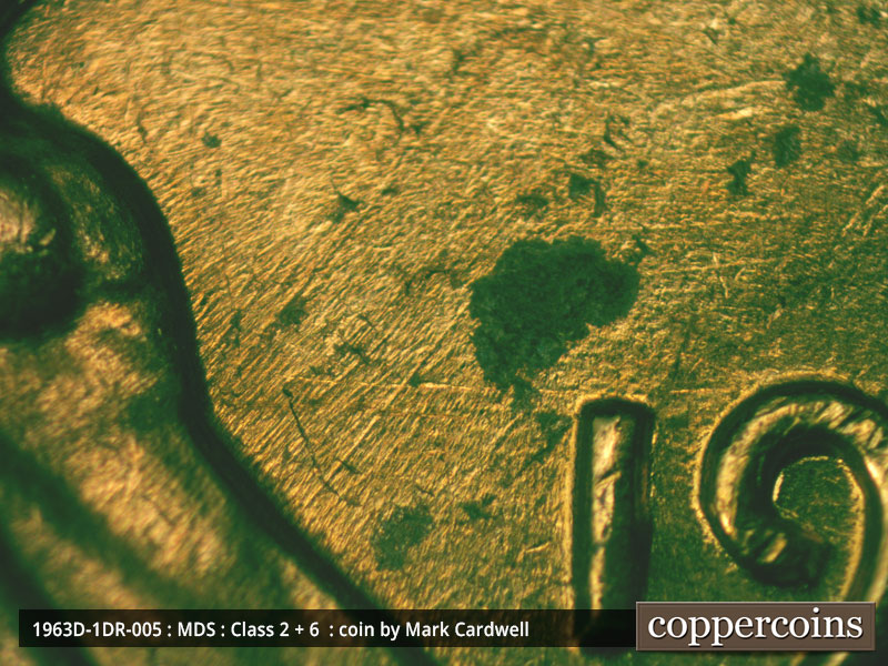 Die-stage B marker on 1963D•1DR•005 (1963 Doubled Die Reverse).