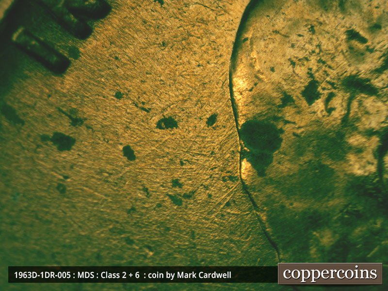 Die-stage B marker on 1963D•1DR•005 (1963 Doubled Die Reverse).