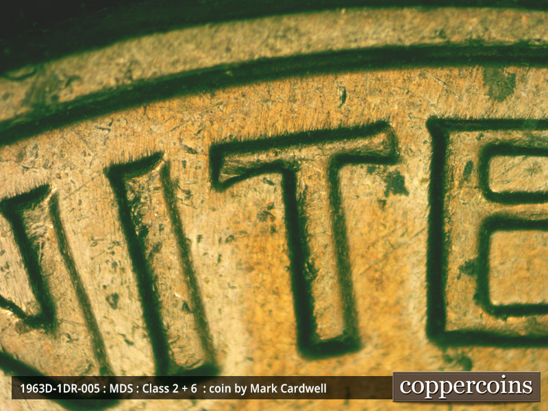 Die-stage B marker on 1963D•1DR•005 (1963 Doubled Die Reverse).