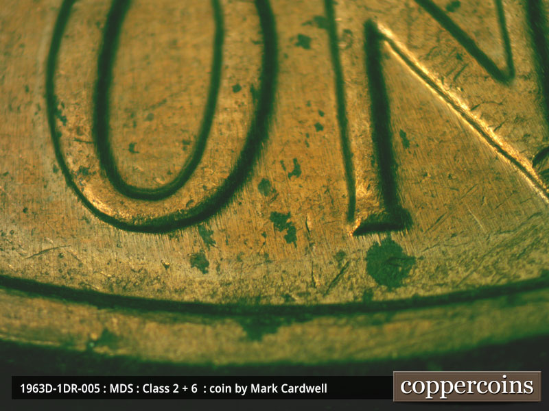 Die-stage B marker on 1963D•1DR•005 (1963 Doubled Die Reverse).