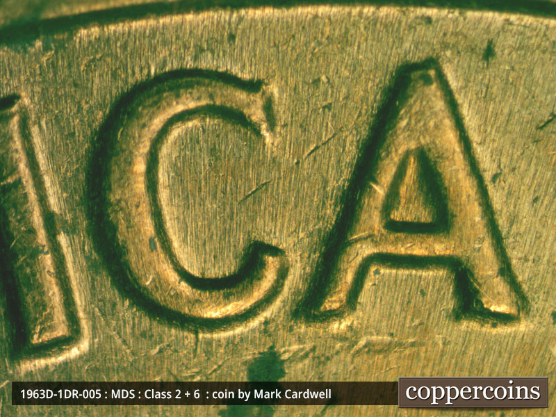 Die-stage B marker on 1963D•1DR•005 (1963 Doubled Die Reverse).