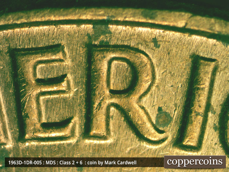 Die-stage B marker on 1963D•1DR•005 (1963 Doubled Die Reverse).