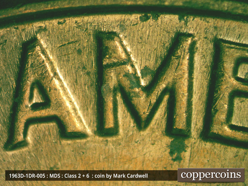 Die-stage B marker on 1963D•1DR•005 (1963 Doubled Die Reverse).