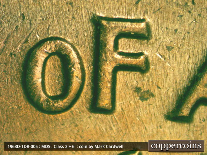 Die-stage B marker on 1963D•1DR•005 (1963 Doubled Die Reverse).