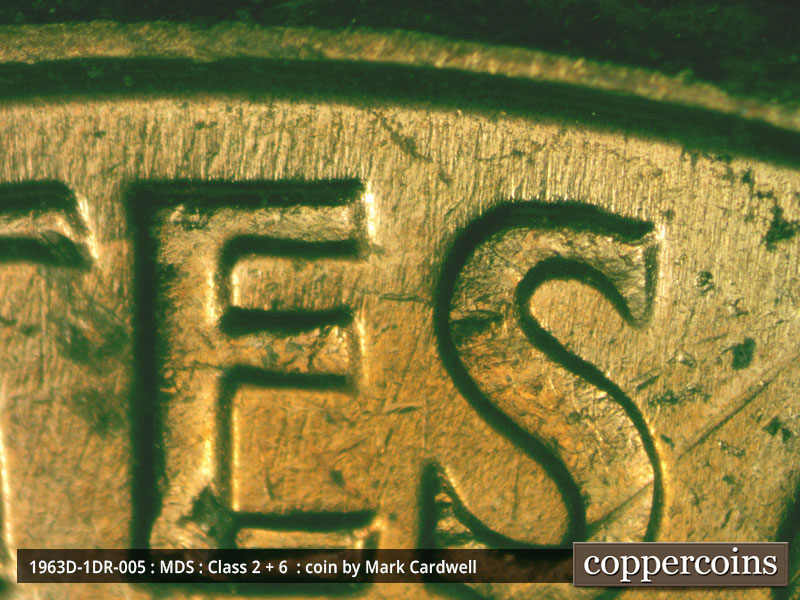 Die-stage B marker on 1963D•1DR•005 (1963 Doubled Die Reverse).