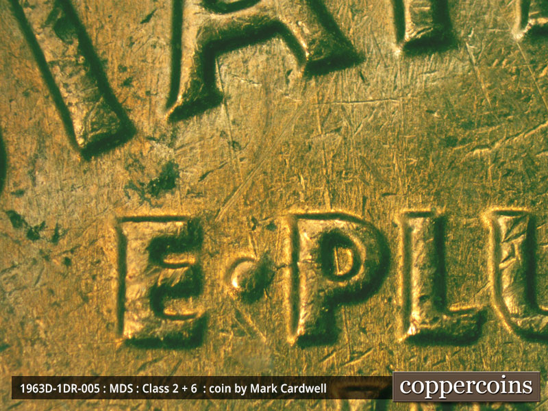 Die-stage B marker on 1963D•1DR•005 (1963 Doubled Die Reverse).