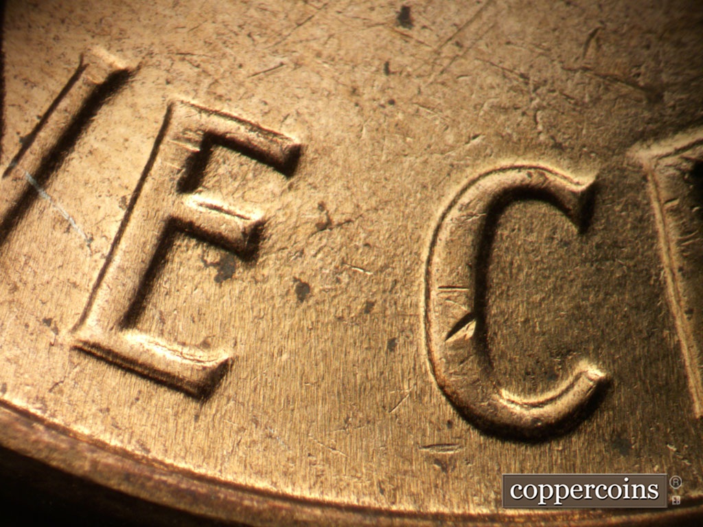 Die-stage C marker on 1963D•1DR•007 showing Doubling seen on E in ONE and C in CENT.