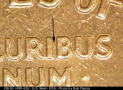 Die-stage B marker on 1963D•1MM•002 (1963 Repunched Mint Mark).