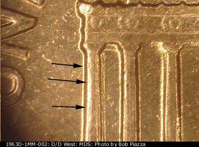 Die-stage B marker on 1963D•1MM•002 (1963 Repunched Mint Mark).