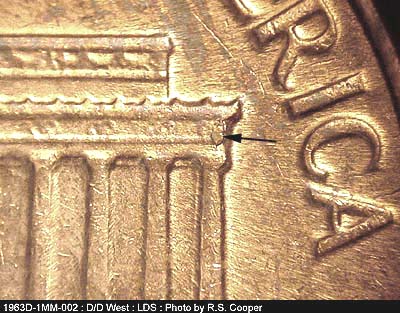 Die-stage C marker on 1963D•1MM•002 (1963 Repunched Mint Mark).