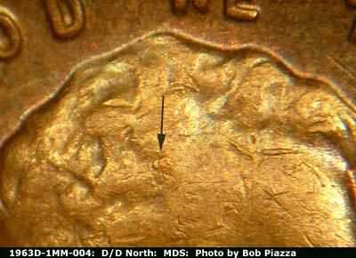 Die-stage B marker on 1963D•1MM•004 (1963 Repunched Mint Mark).