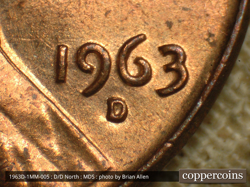 Die-stage B marker on 1963D•1MM•005 (1963 Repunched Mint Mark).