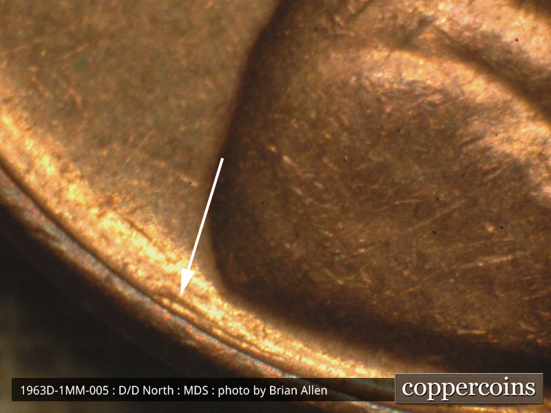 Die-stage B marker on 1963D•1MM•005 (1963 Repunched Mint Mark).