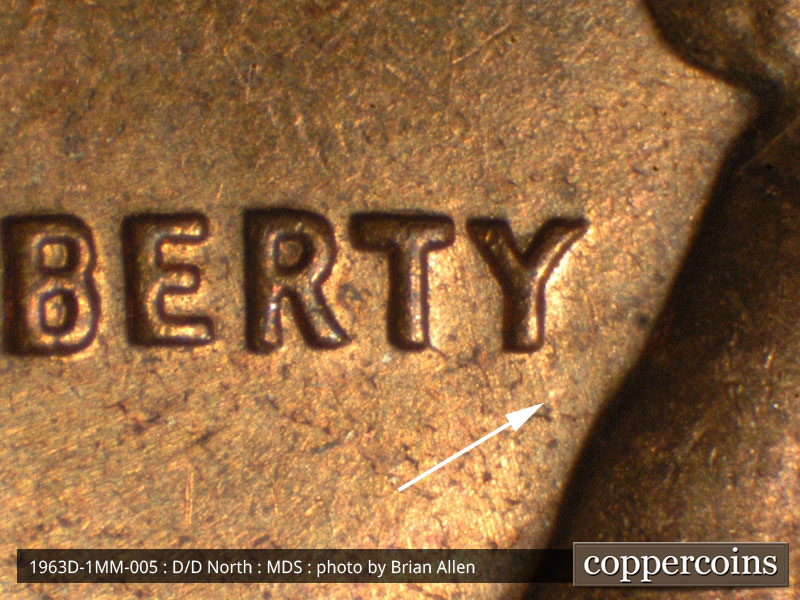 Die-stage B marker on 1963D•1MM•005 (1963 Repunched Mint Mark).