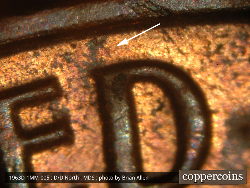 Die-stage B marker on 1963D•1MM•005 (1963 Repunched Mint Mark).