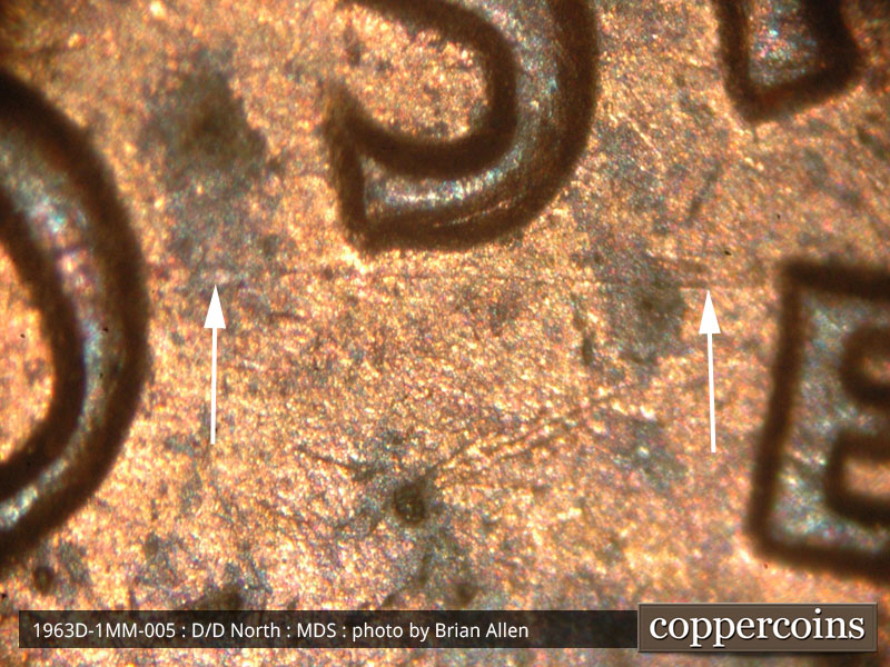 Die-stage B marker on 1963D•1MM•005 (1963 Repunched Mint Mark).