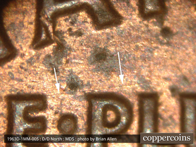 Die-stage B marker on 1963D•1MM•005 (1963 Repunched Mint Mark).