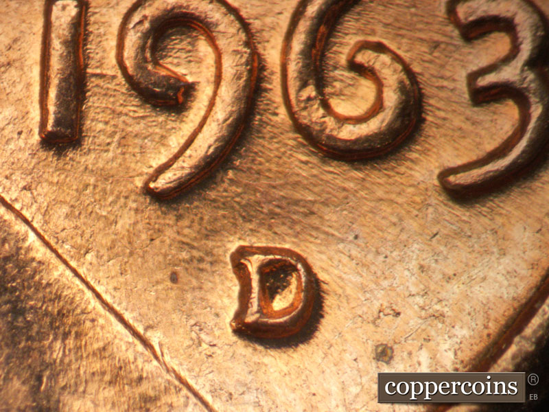 1963 Lincoln cent obverse, CopperCoins die 1963D•1MM•008.
