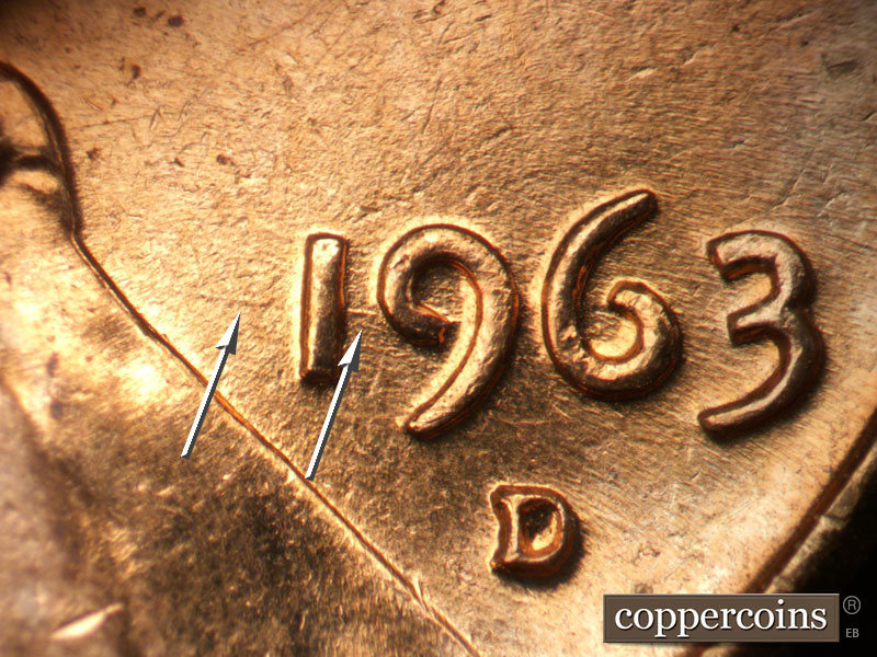 Die-stage B marker on 1963D•1MM•008 (1963 Repunched Mint Mark).