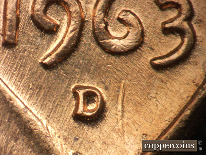 Die-stage C marker on 1963D•1MM•008 (1963 Repunched Mint Mark).