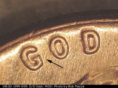 Die-stage B marker on 1963D•1MM•009 (1963 Repunched Mint Mark).