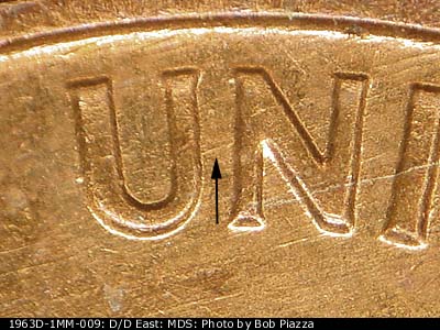 Die-stage B marker on 1963D•1MM•009 (1963 Repunched Mint Mark).