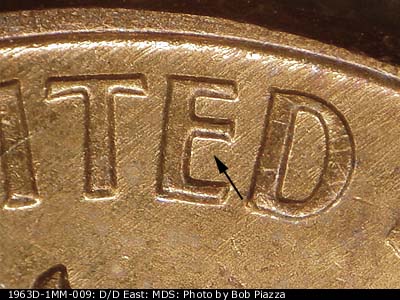 Die-stage B marker on 1963D•1MM•009 (1963 Repunched Mint Mark).