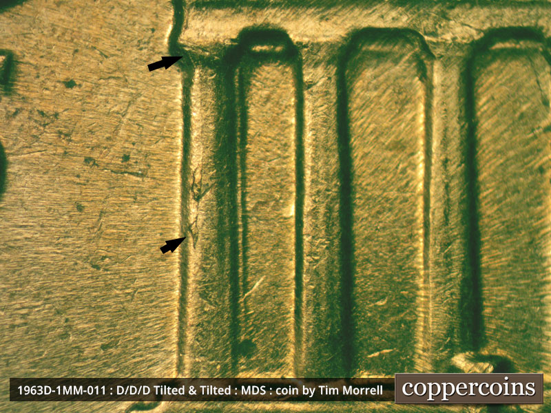 Die-stage B marker on 1963D•1MM•011 (1963 Repunched Mint Mark).