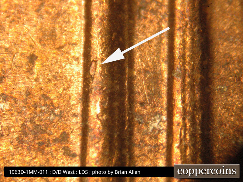 Die-stage C marker on 1963D•1MM•011 (1963 Repunched Mint Mark).