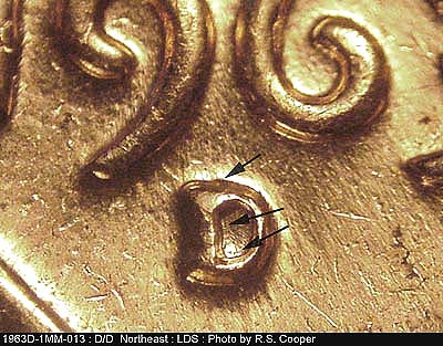 Die-stage C marker on 1963D•1MM•013 (1963 Repunched Mint Mark).