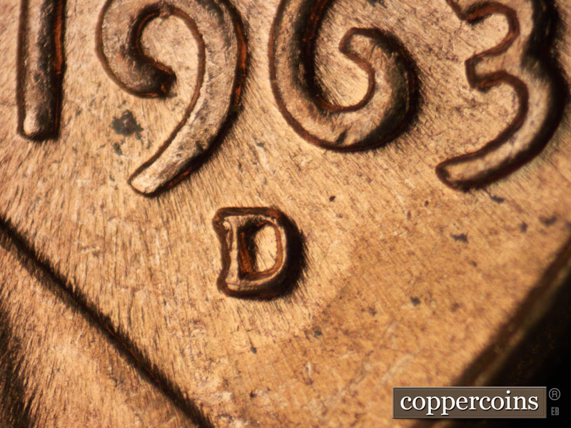 1963 Lincoln cent obverse, CopperCoins die 1963D•1MM•014.