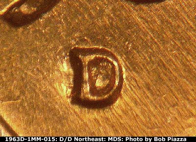 Die-stage B marker on 1963D•1MM•015 (1963 Repunched Mint Mark).