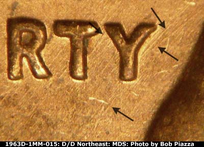 Die-stage B marker on 1963D•1MM•015 (1963 Repunched Mint Mark).
