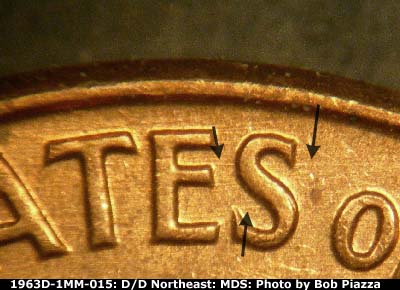 Die-stage B marker on 1963D•1MM•015 (1963 Repunched Mint Mark).
