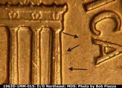 Die-stage B marker on 1963D•1MM•015 (1963 Repunched Mint Mark).