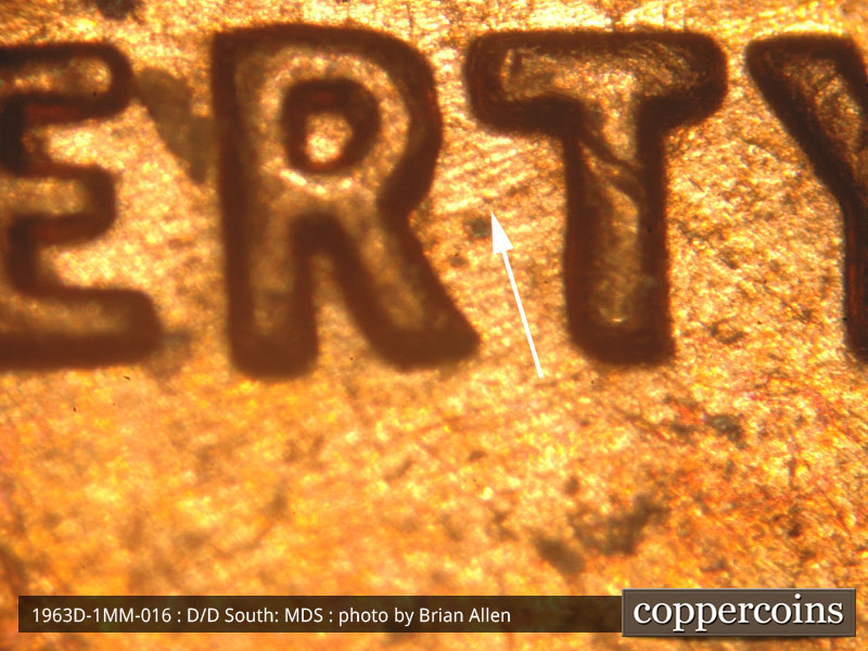 Die-stage B marker on 1963D•1MM•016 (1963 Repunched Mint Mark).